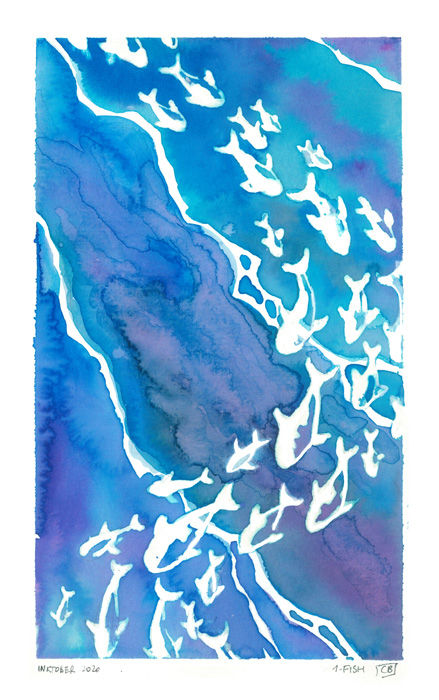 illustration aquarelle : les silhouettes en réserves blances d'un ban de poissons se découpent