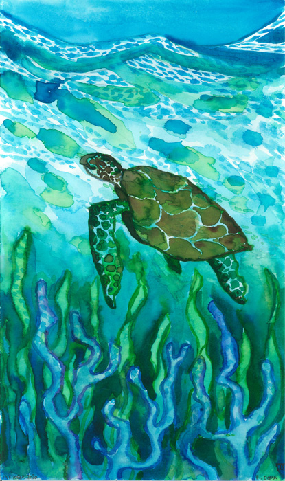 Illustration aquarelle tortue verte sous l'eau- océan