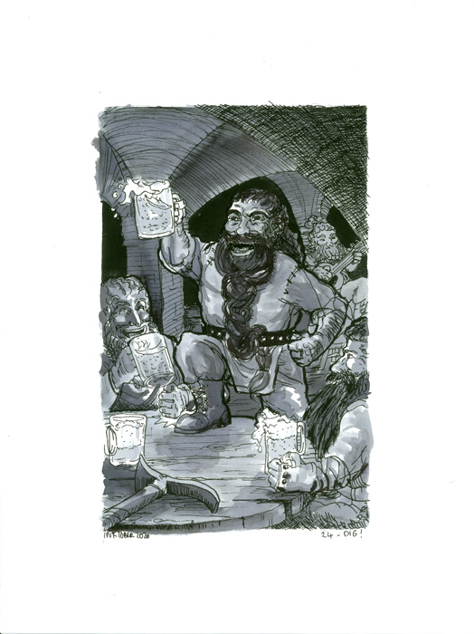 Illustration noire et blanc - un nain barbu juché sur une table et brandissant un pinte de bière dégoulinante. Il se trouve dans une pièce voutée, entouté d'autres nains attablés