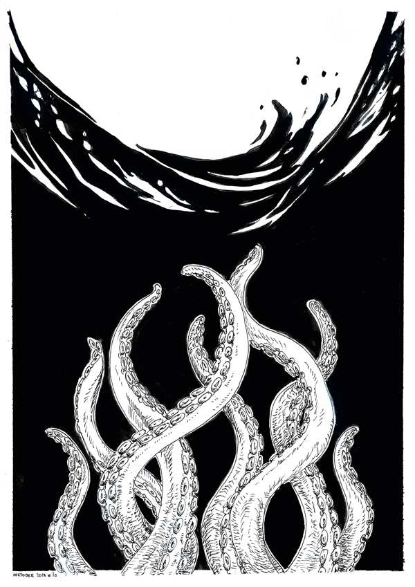Illustration lovecraft en noir et blanc : des tentacules émergent des profondeurs obscures de l'océan