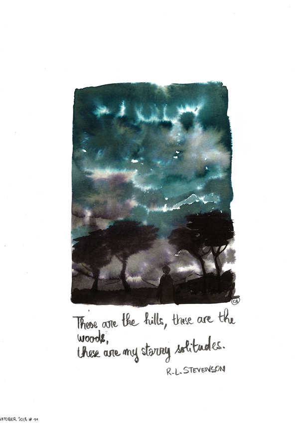 illustration d'un poème de R.L. Stevenson, représentant un paysage nocture à l'encre noire et bleue