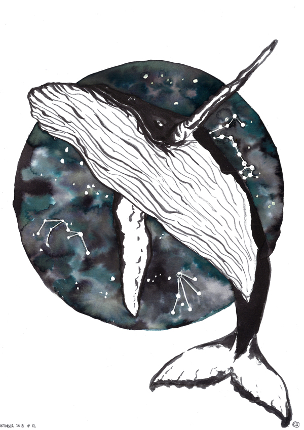 Illustration : une baleine à l'encre sautant devant l'espace et les étoiles