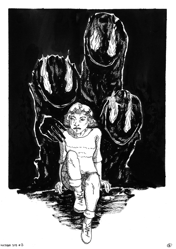 Illustration noire et blanc : une jeune fille assise et trois fantômes noirs