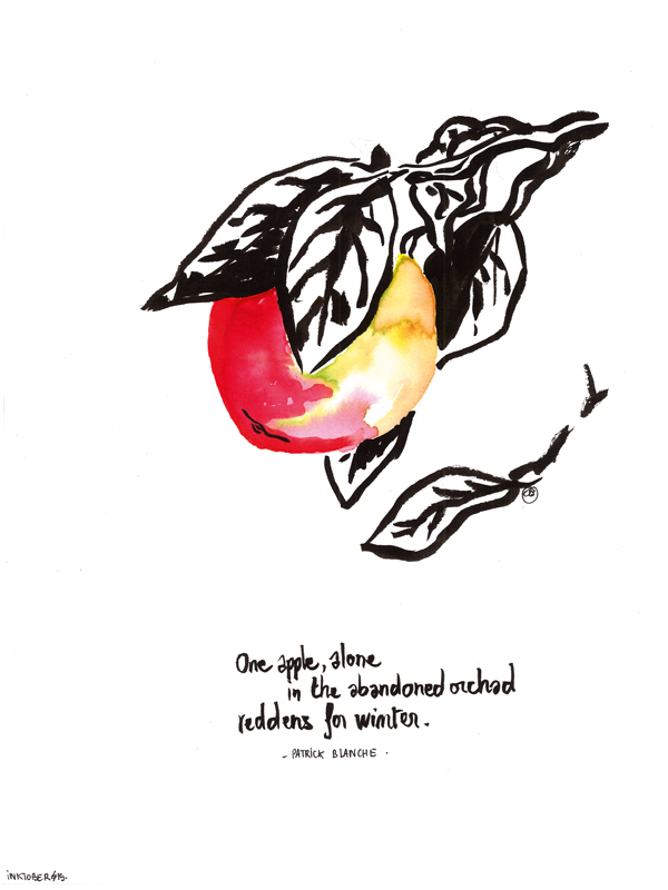 Illustration stylisée, inspirée d'un haiku, une pomme rouge sur sa branche noire