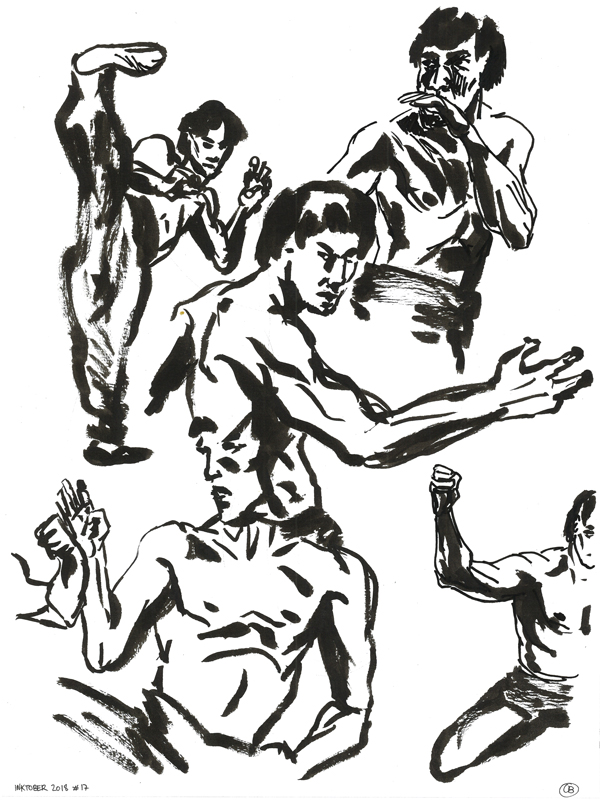 Dessins à l'enche de chine représentant Bruce Lee dans différentes postures d'art martiaux