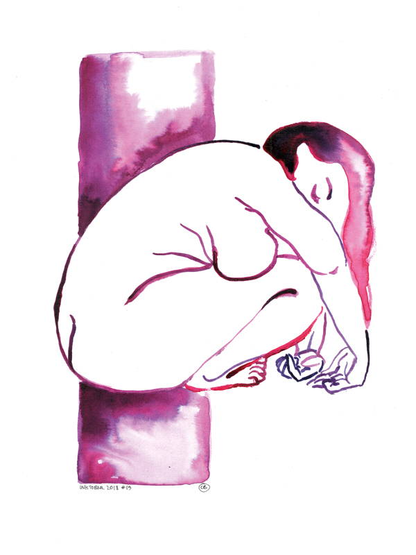 illustration : nu de femme accroupie de trois-quart dos, à l'encre violette