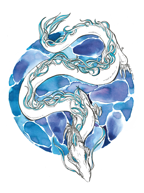 Illustration à l'encre : un dragon asiatique bleu et blanc serpentant sur un fond d'eau