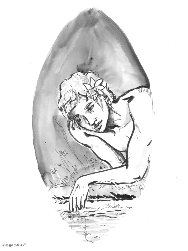 Illustration noir et blanc à l'encre de Narcisse contemplant son reflet
