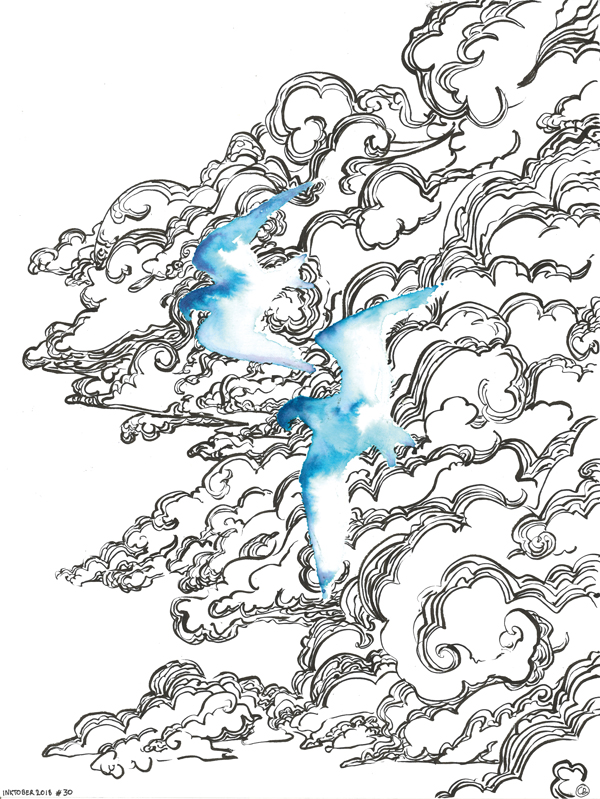 illustration oiseaux bleus sur ciel aux nuages stylisés