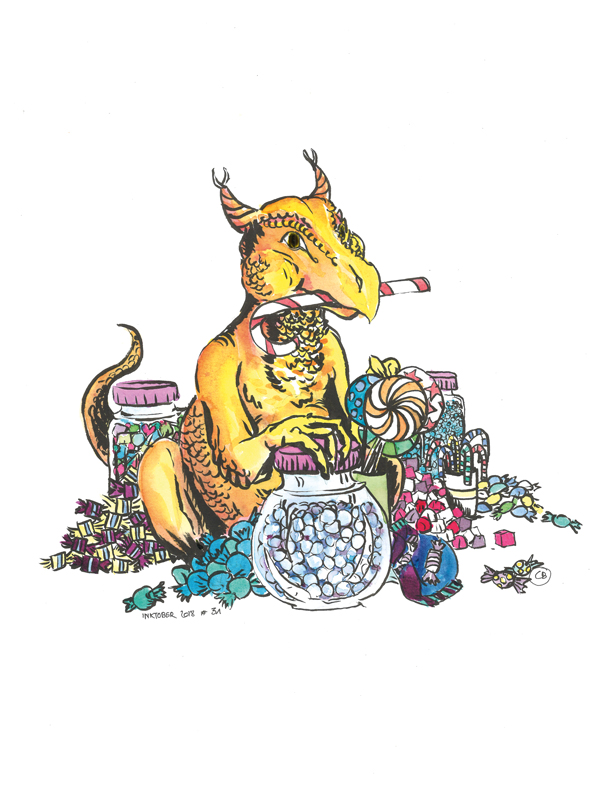 illustration : Petit dragon jaune gourmant mangeant des bonbons