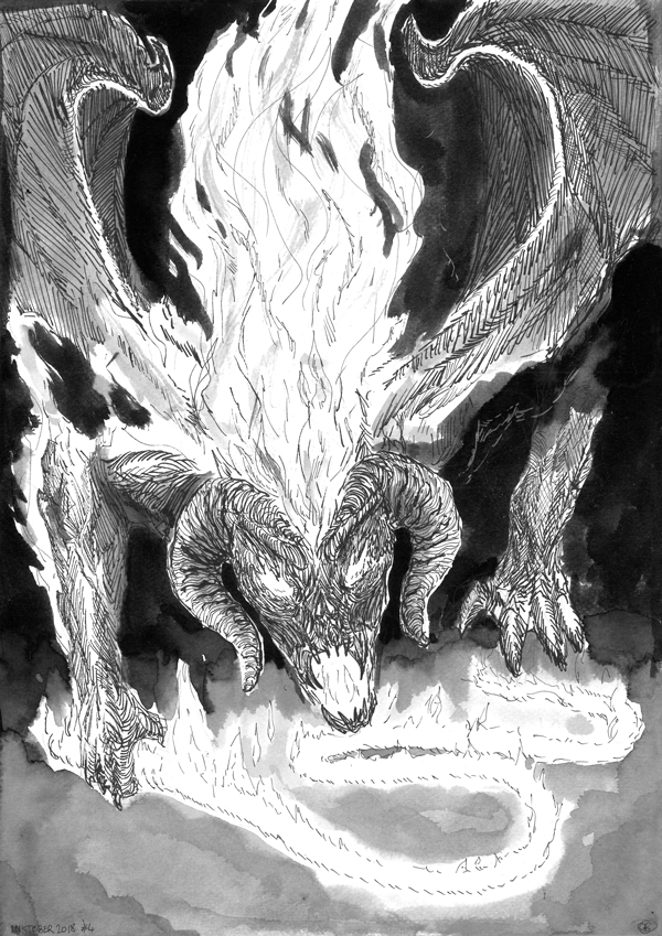 Illustration en noir et blanc d'un Balrog, tiré du seigneur des anneaux