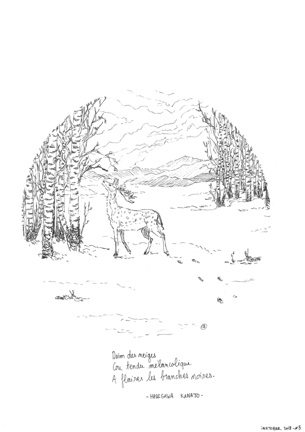 Illustration d'un haiku en noir et blanc, un dain dans la neige au milieu des bouleaux