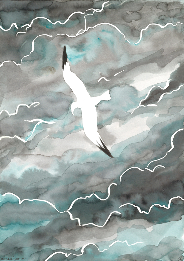 Illustration : La silhouette blanche d'une mouette se découpe sur un fond nuageux à l'encre