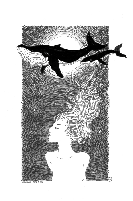 Illustration noir et blanc, jeune femme et baleines