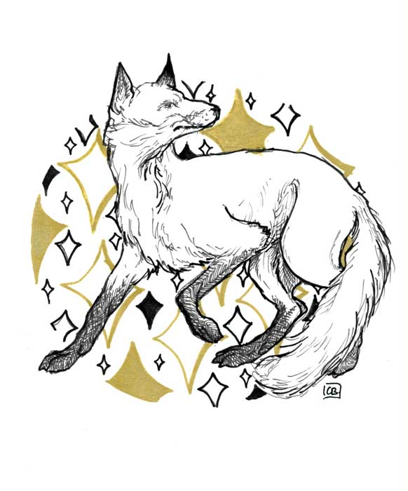 Illustration réaliste noire et dorée d'un renard devant des motifs décoratifs