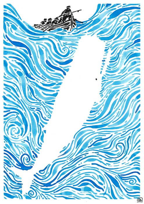 Illustration à l'encre noire et bleu représentant la Baleine blanche Moby Dick