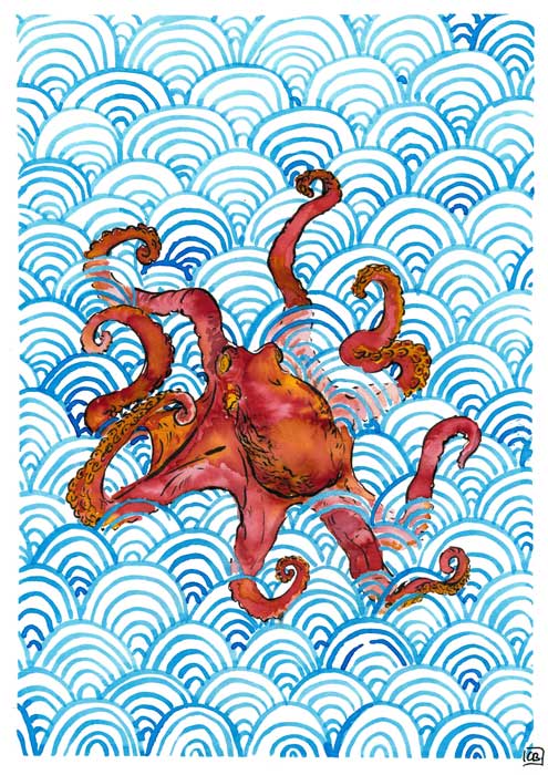Illustration d'une pieuvre rouge sur un fond de vagues bleues
