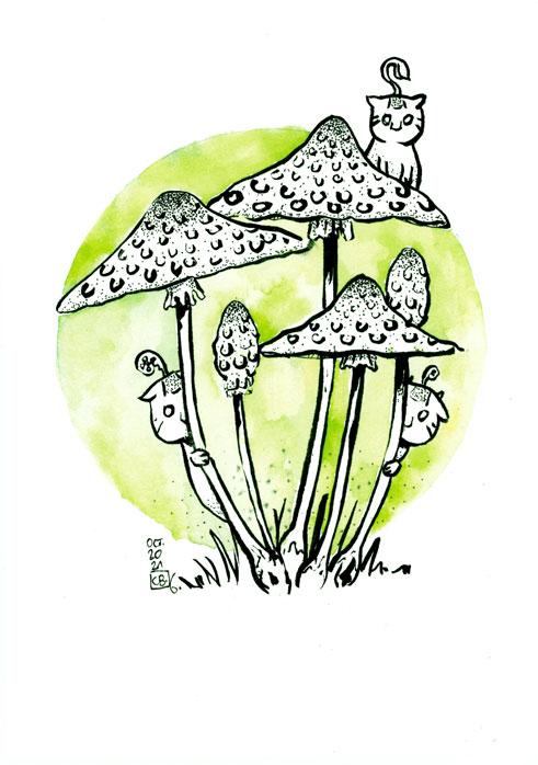 Illustration trait et aquarelle verte : Trois petits sylvains juchés sur leur champignon respectif !