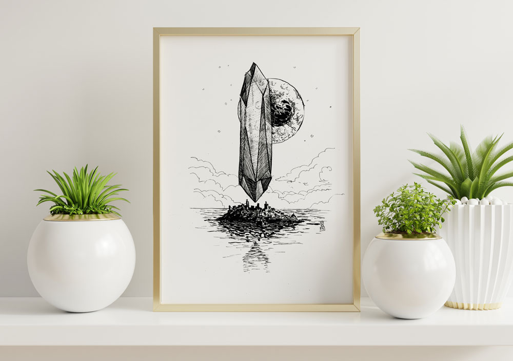 Illustration noir et blanc : obélisques de cristal géant flottant au dessus de la silhouette d'une île. Derrière l'obélisque, apparait une lune immense, fracturée.